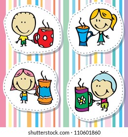 Happy doodle family with cups of tea and coffee