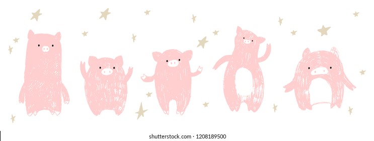 Happy doodle hand drawn pigs in different postures. Isolated on white background. Set of vector pink pigs. Chinese New Year symbol 