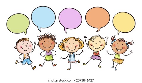 Happy doodle kids in a row with speech bubbles