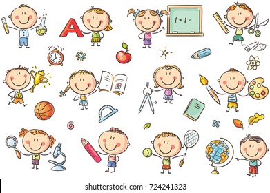 Happy doodle kids with school things like pencils, books, blackboard, etc. No gradients used, easy to print and edit. Vector files can be scaled to any size.