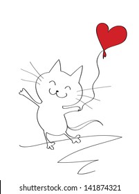 happy doodle kitten with heart balloon