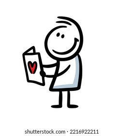 Happy doodle man with opened card for valentines day. Vector illustration pf holiday character.