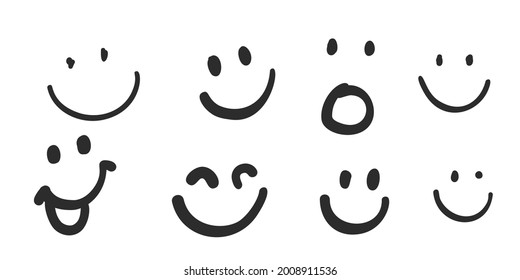 Happy doodle smile collection isolated on white background. Simple faces. Cute icon set.