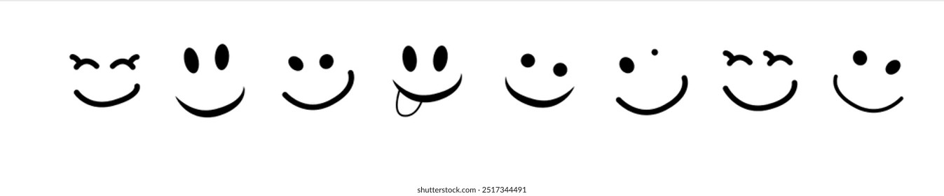 Happy Doodle Smile Isolated on Background. Simple Faces. Vector