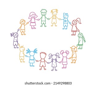 Happy doodle stick children holding hands. Hand drawn funny kids in circle. International friendship concept. Doodle children community. Vector linear illustration isolated on white background.