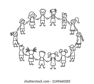 Happy Doodle Stick Children Holding Hands. Hand Drawn Funny Kids In Circle. International Friendship Concept. Doodle Children Community. Vector Linear Illustration Isolated On White Background.