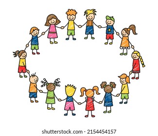 Happy doodle stick children holding hands  Hand drawn funny kids in circle  Children friendship concept  Doodle children community  Vector illustration isolated white background 