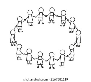 Happy doodle stick children holding hands. Hand drawn funny kids in circle. International friendship concept. Doodle children community. Vector linear illustration isolated on white background.