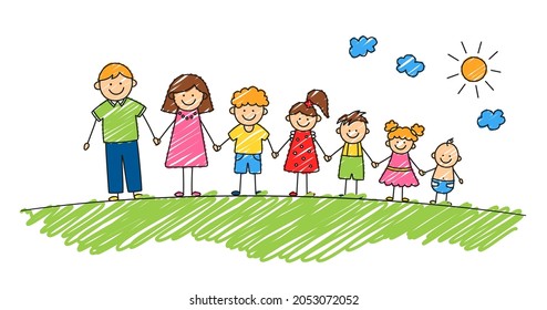 Happy doodle stick mans family in summer park. Hand drawn family members. Mother, father and kids holding hands. Vector color illustration isolated in doodle style on white background.