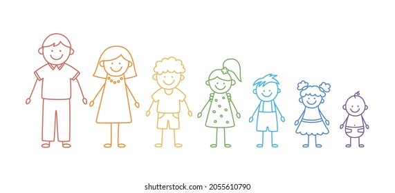 Happy doodle stick mans family. Set of hand drawn figure of family in colors of rainbow. Mother, father and kids. Vector illustration isolated in doodle style on white background.