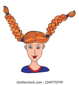 Happy doodle teenager girl with red hair in pigtails isolated on white background. Girl with braids from the fairytale portrait.