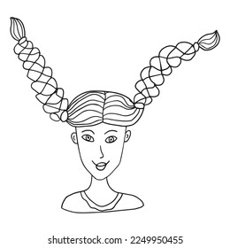 Happy doodle teenager girl with red hair in pigtails for coloring book isolated on white background. Girl with pigtails from the fairytale,  portrait.
