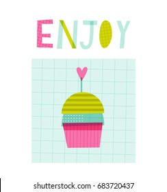 Happy: doodle vector illustration with cute cupcake for kids. Fashion baby print in pink, green and turquoise colors.