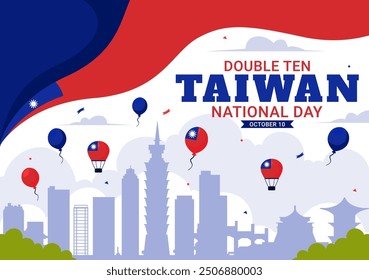 Happy Double Ten National Day Vector Illustration on October 10 with Taiwan Waving Flag and Balloons in a Holiday Flat Style Cartoon Background