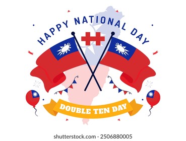 Happy Double Ten National Day Vector Illustration on October 10 with Taiwan Waving Flag and Balloons in a Holiday Flat Style Cartoon Background