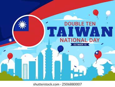 Happy Double Ten National Day Vector Illustration on October 10 with Taiwan Waving Flag and Balloons in a Holiday Flat Style Cartoon Background