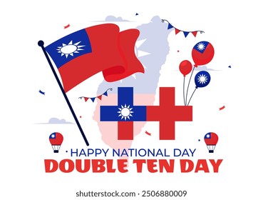 Happy Double Ten National Day Vector Illustration on October 10 with Taiwan Waving Flag and Balloons in a Holiday Flat Style Cartoon Background