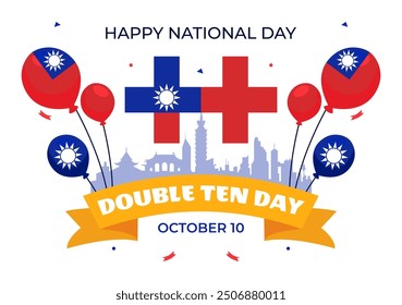 Feliz Ilustración vectorial del Día Nacional de Double Ten el 10 de octubre con Taiwán ondeando la bandera y globos en un fondo de dibujos animados de estilo plano de Festiva