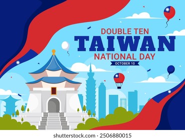 Happy Double Ten National Day Vector Illustration on October 10 with Taiwan Waving Flag and Balloons in a Holiday Flat Style Cartoon Background