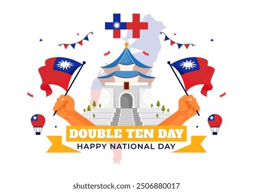 Feliz Ilustración vectorial del Día Nacional de Double Ten el 10 de octubre con Taiwán ondeando la bandera y globos en un fondo de dibujos animados de estilo plano de Festiva