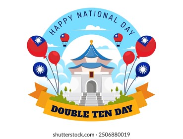 Happy Double Ten National Day Vector Illustration on October 10 with Taiwan Waving Flag and Balloons in a Holiday Flat Style Cartoon Background