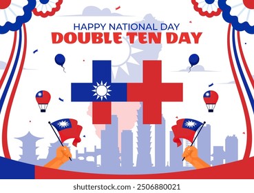 Happy Double Ten National Day Vektorgrafik am 10. Oktober mit Taiwan Wellen Flagge und Ballons in einem Urlaub flachen Stil Cartoon Hintergrund