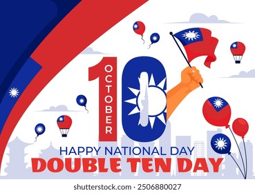 Feliz Ilustración vectorial del Día Nacional de Double Ten el 10 de octubre con Taiwán ondeando la bandera y globos en un fondo de dibujos animados de estilo plano de Festiva