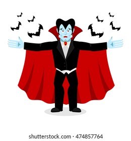 Happy Dracula in red mantle. Good cheerful vampire. ghoul and bats