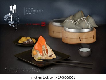 Happy Dragon Boat Festival background template traditional food rice dumpling stuffing and bamboo steamer. Chinese translation : Duanwu and Blessing