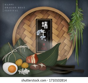 Happy Dragon Boat Festival background template traditional food rice dumpling stuffing bamboo steamer and wormwood. Chinese translation : 5th May Duanwu and Blessing