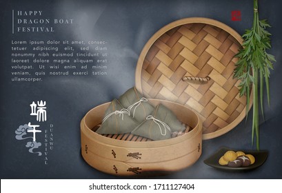 Happy Dragon Boat Festival background template traditional food rice dumpling stuffing bamboo steamer and wormwood. Chinese translation : Duanwu and Blessing