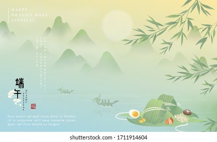 Happy Dragon Boat Festival background template traditional food rice dumpling and nature landscape mountain lake. Chinese translation : Duanwu and Blessing