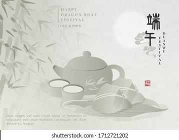 Happy Dragon Boat Festival background template traditional food rice dumpling tea pot cup and bamboo leaf. Chinese translation : Duanwu and Blessing