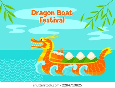 Happy Dragon Boat Festival greeting card. Chinese Duanwu holiday. Traditional food zongzi rice in bamboo leaves.