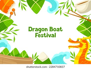 Happy Dragon Boat Festival greeting card. Chinese Duanwu holiday. Traditional food zongzi rice in bamboo leaves.