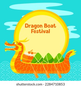 Happy Dragon Boat Festival greeting card. Chinese Duanwu holiday. Traditional food zongzi rice in bamboo leaves.