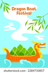 Happy Dragon Boat Festival greeting card. Chinese Duanwu holiday. Traditional food zongzi rice in bamboo leaves.