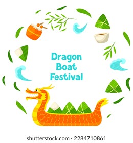 Happy Dragon Boat Festival greeting card. Chinese Duanwu holiday. Traditional food zongzi rice in bamboo leaves.