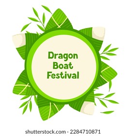 Happy Dragon Boat Festival greeting card. Chinese Duanwu holiday. Traditional food zongzi rice in bamboo leaves.