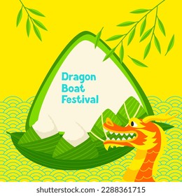 Happy Dragon Boat Festival greeting card. Chinese Duanwu holiday. Traditional food zongzi rice in bamboo leaves.