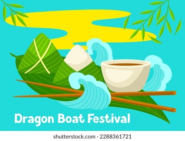 Happy Dragon Boat Festival greeting card. Chinese Duanwu holiday. Traditional food zongzi rice in bamboo leaves.