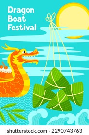 Happy Dragon Boat Festival greeting card. Chinese Duanwu holiday. Traditional food zongzi rice in bamboo leaves.