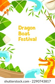 Happy Dragon Boat Festival greeting card. Chinese Duanwu holiday. Traditional food zongzi rice in bamboo leaves.