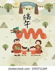 Happy Dragon Boat Festival. Vector illustration of Chinese holiday, Asian family, cane leaf rice, and people. Drawings for poster, banner or card. Translation: "Happy Dragon Boat Festival"