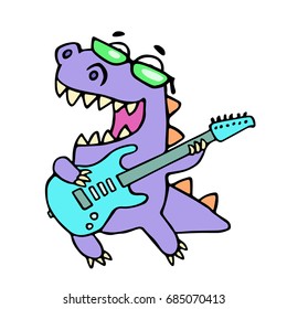 Happy dragon playing the electric guitar in black glasses. Vector illustration. Rock star guitarist. Cute cartoon character.