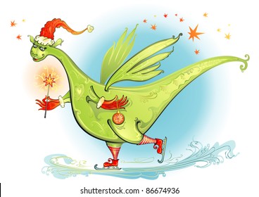 The happy dragon skates. A New Year's illustration.