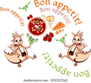 Happy dragons wish bon appetit. Healthy food - carrots and tomatoes. Vector illustration.