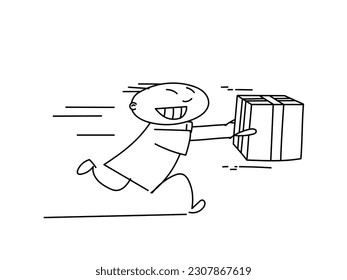 A happy, drawn simple man runs with a box in his hands. Vector outline illustration about buying something new.