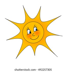 Happy drawn sun on white background.. Happy cartoon sun. Sun with smile and face. Sun for summer event.