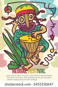 happy dreadlock rasta man playing percussion concept. abstract prehistoric images reggae festival template poster vector illustration.